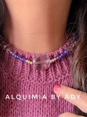 AMETHYST Purple Beaded Necklace with Clear Center Pendant and ROSE Gold Accents